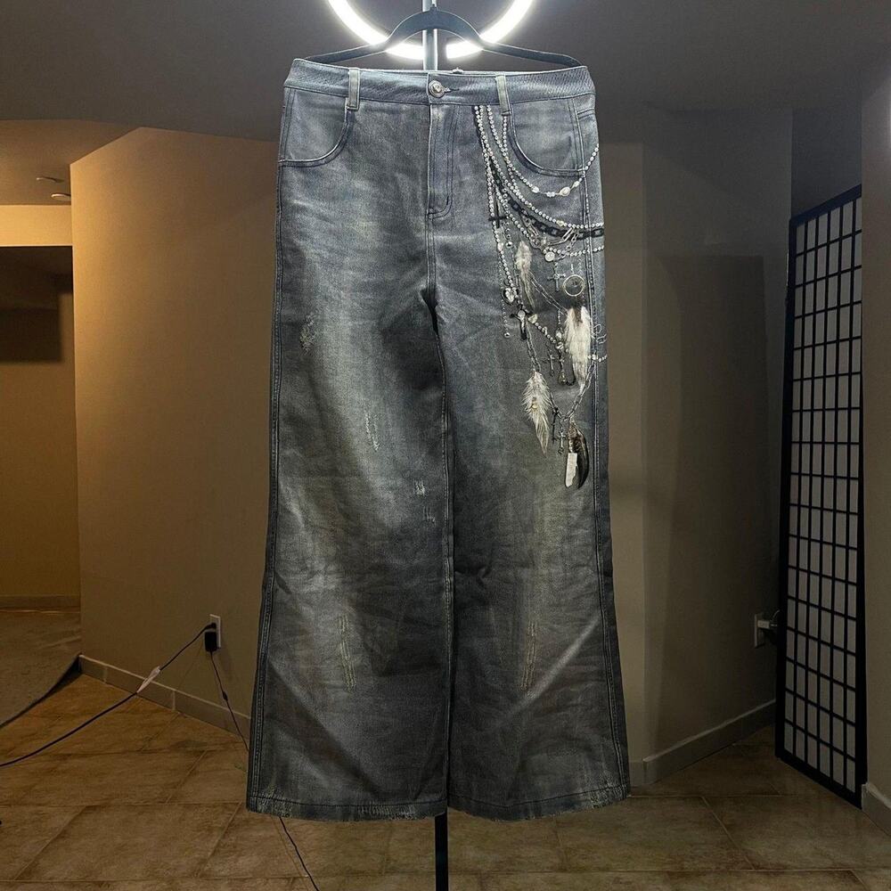 Acne Studios Style 3D Keychain Printed Grey Baggy Jeans